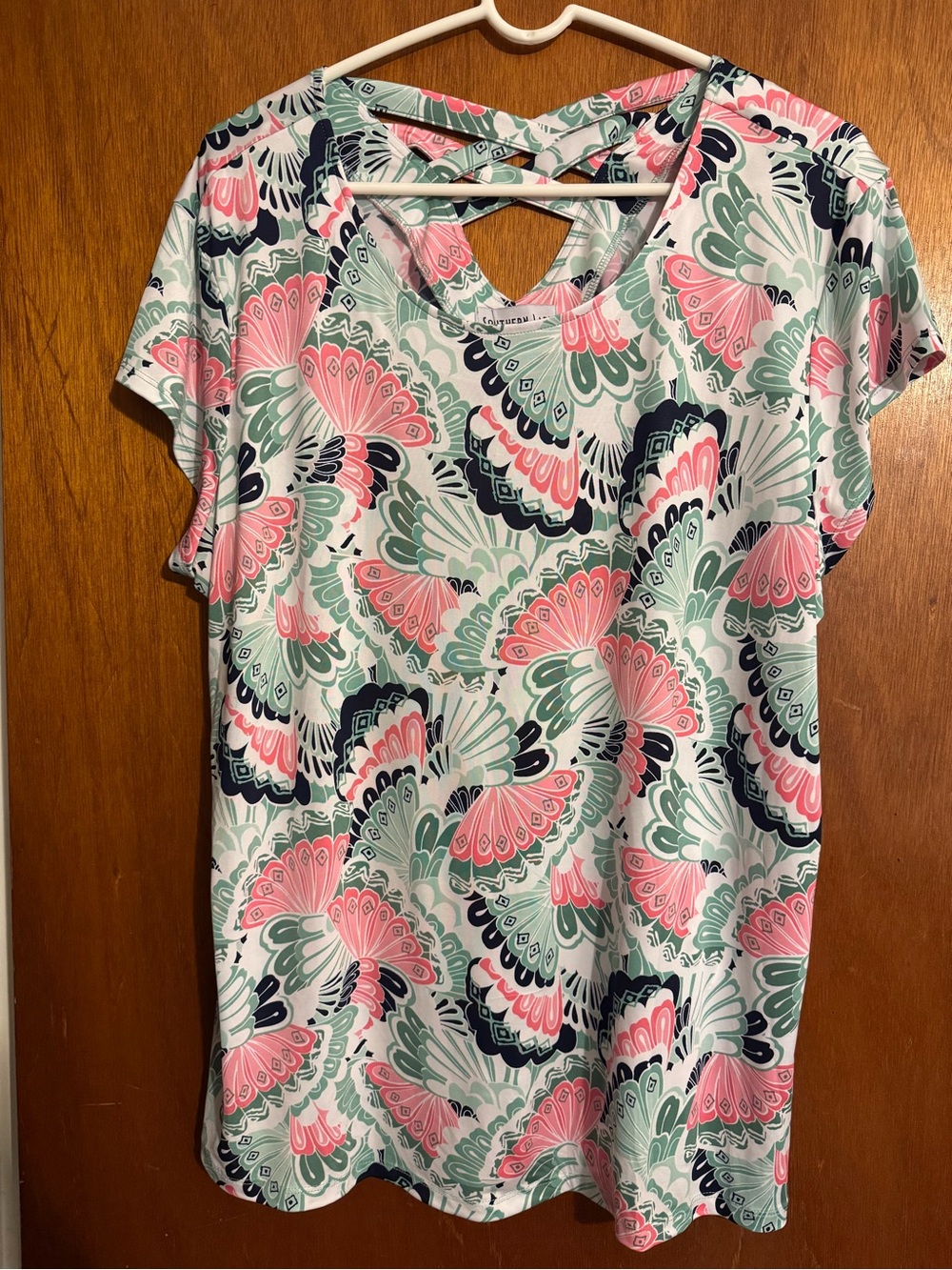 Southern Lady Pink, Mint & Navy Crisscross Back Short Sleeve Top
